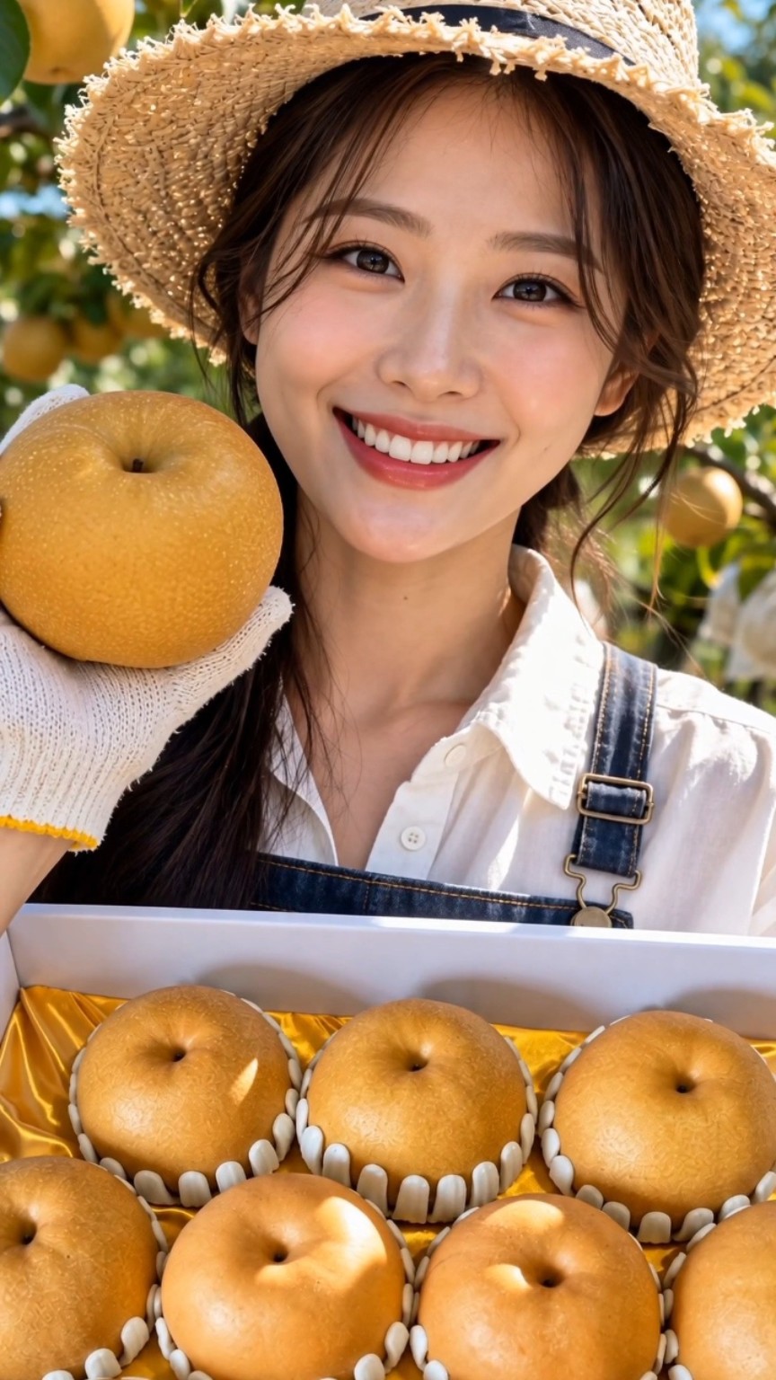 신고배를 들고 선물 상자와 함께 웃는 배순이 브랜드 이미지