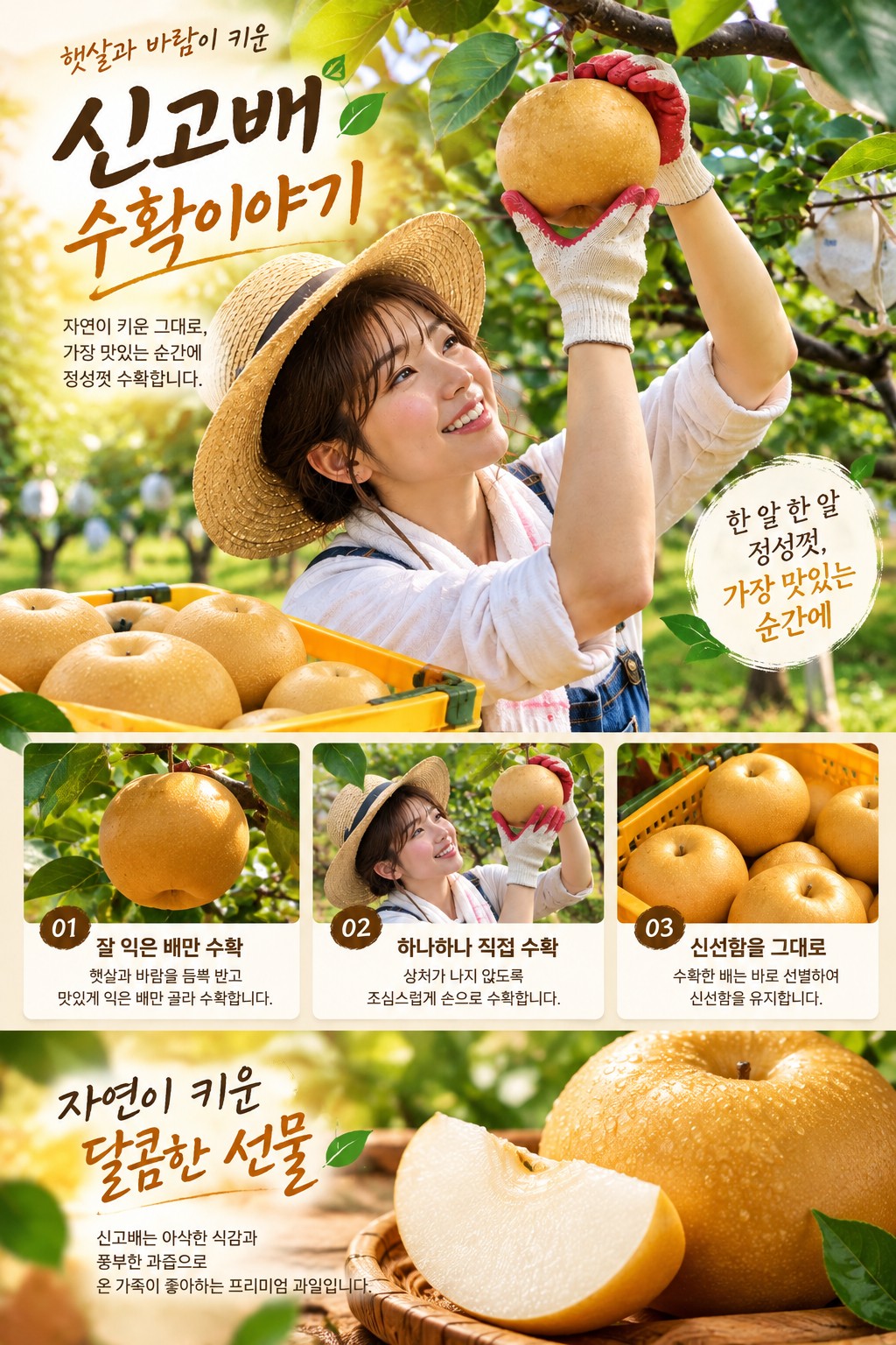 신고배 수확 이야기: 배순이가 배를 손으로 수확하고 한 알씩 담는 과정을 소개하는 브랜드 이미지