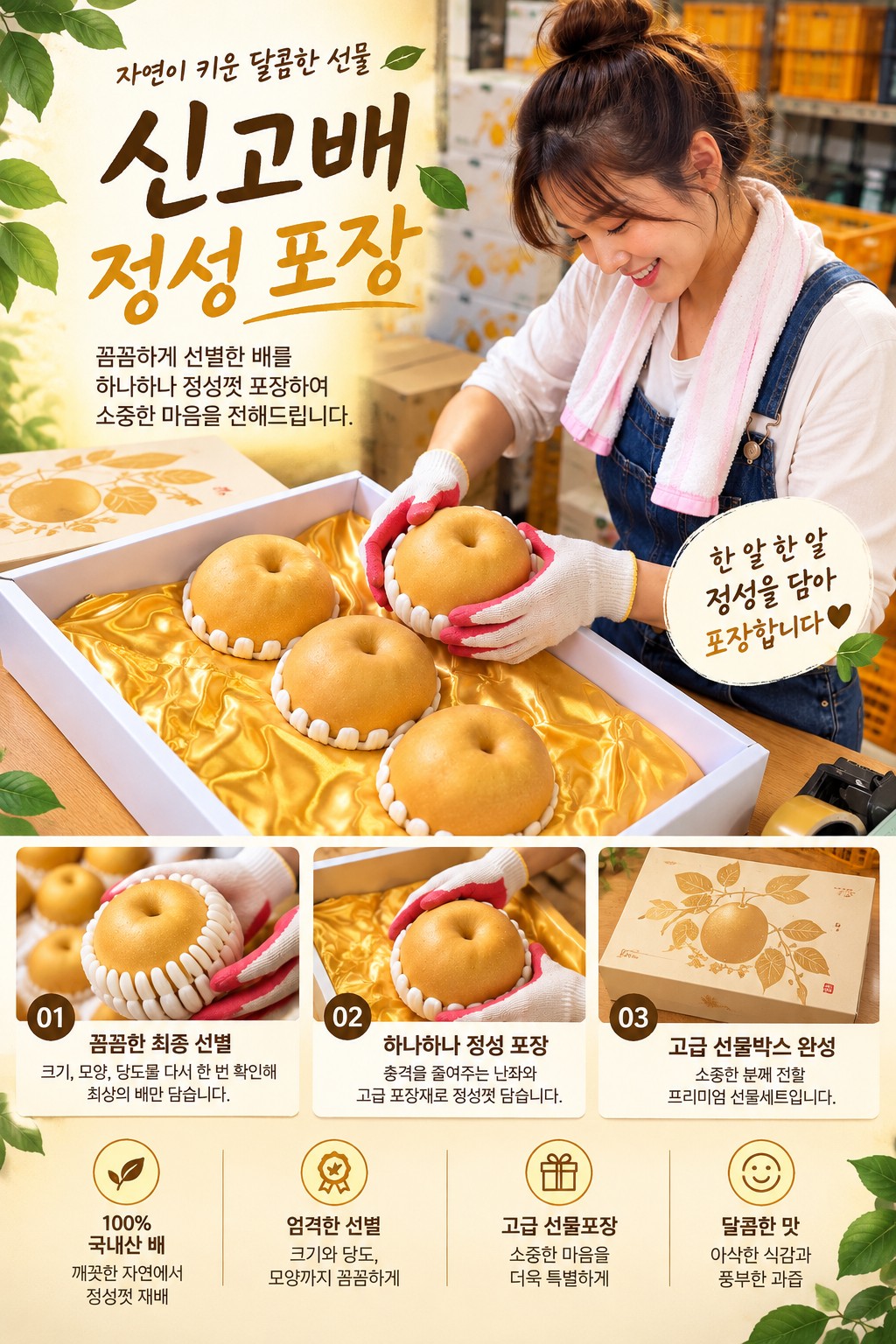 금빛 속포장과 선물 상자에 배를 담는 정성 포장 브랜드 이미지. 프리미엄 포장 예시이며 일반 선물용의 실제 포장과 다릅니다