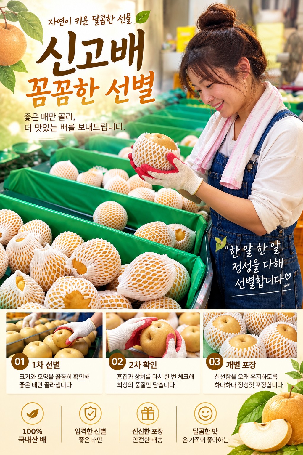 신고배 꼼꼼한 선별: 크기와 외관을 살피고 개별 포장하는 과정을 소개하는 브랜드 이미지